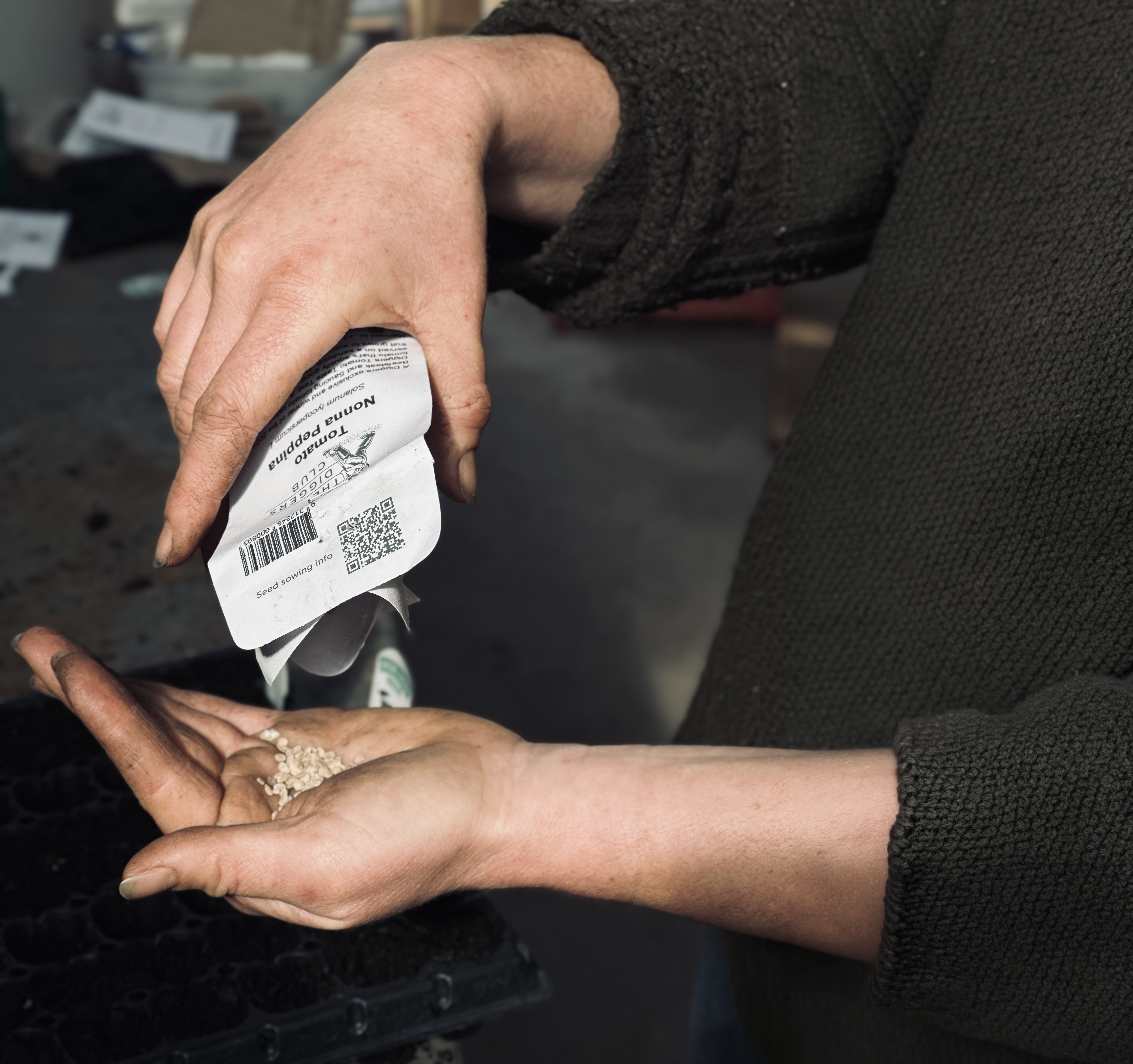A hand pouring seeds from a packet into another hand