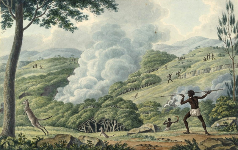 A painting by Joseph Lycett of Aboriginal Australians using fire to hunt kangaroos